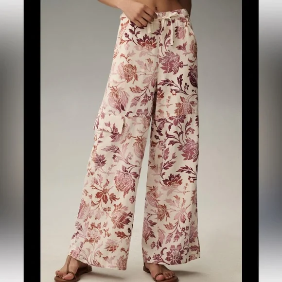 Anthropologie Pilcro Linen Floral Print Cargo Pants Pink Combo • Medium • NWT - Picture 4 of 9